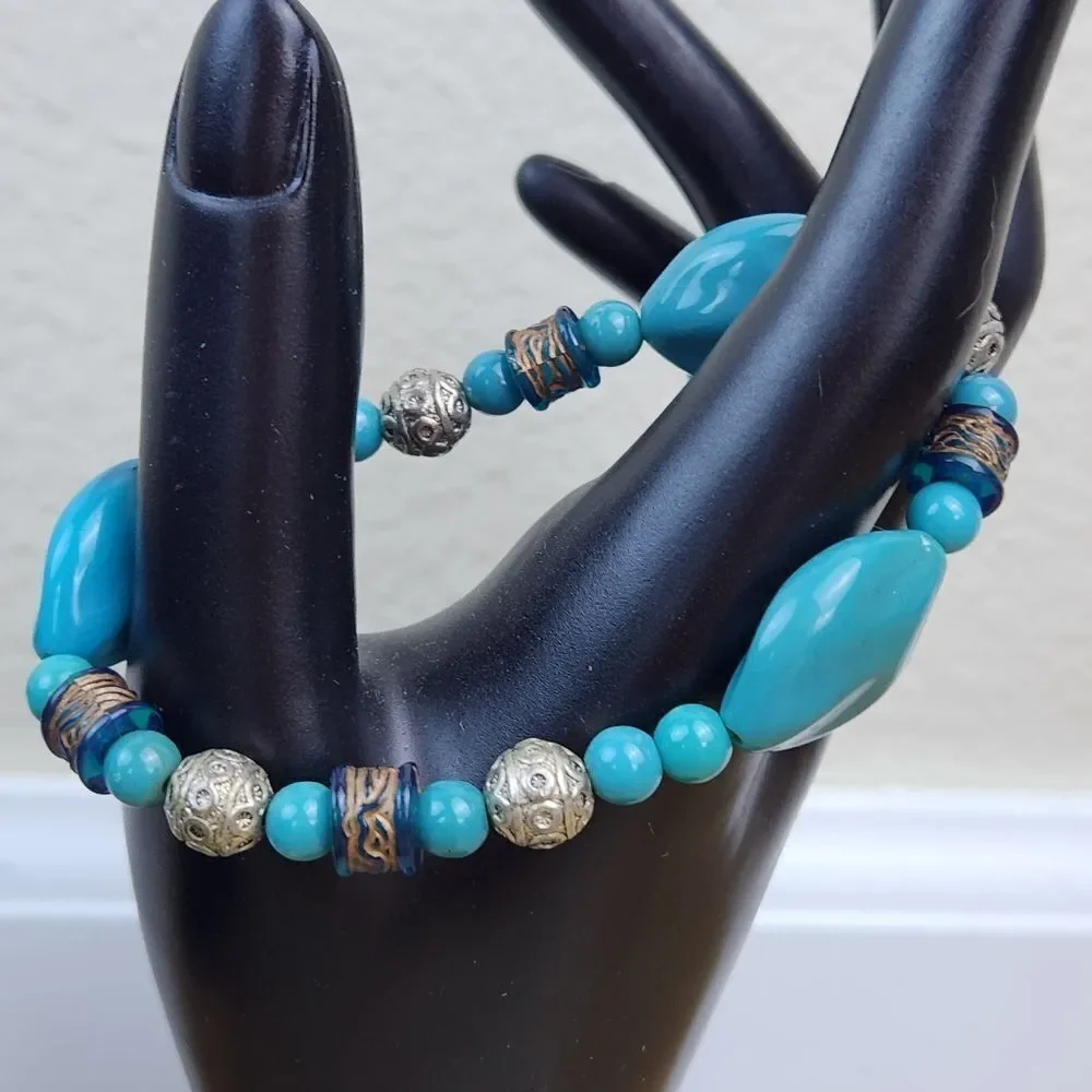 🔺️Turquoise Stone & Antique Silver Plated Beads Stretchy Bracelet